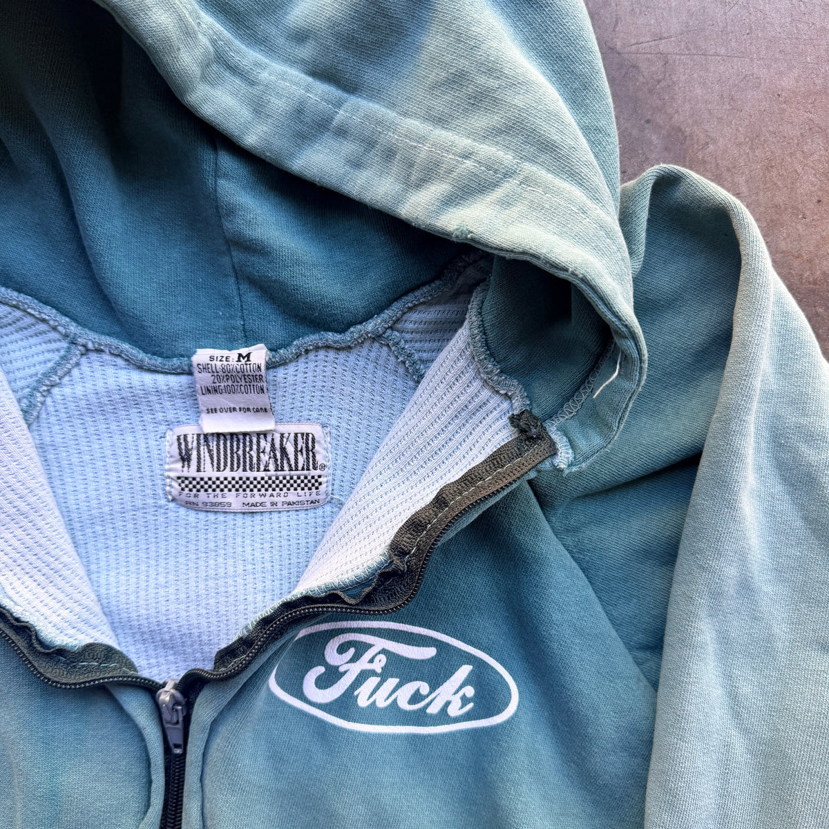 1990s Fuck Full Zip Faded Thermal Lined Hoodie
